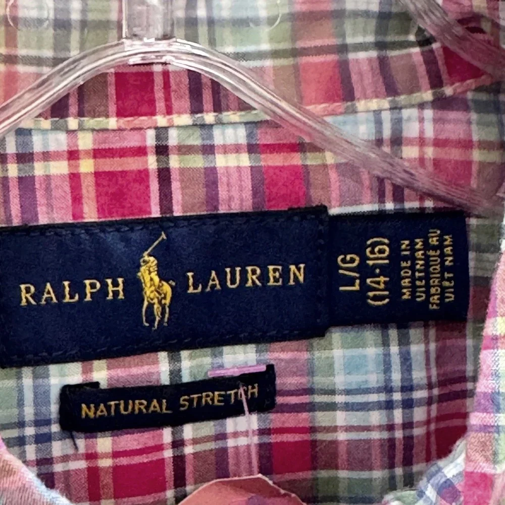 Ralph Lauren Button Down Kids Large (14-16) Pink Plaid Stretch Preppy Pony Logo